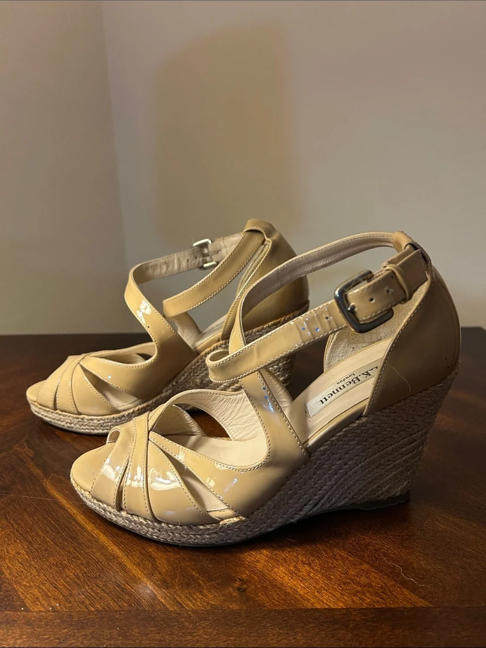 L. K. Bennett Patent Nude Braided Wedge Heels